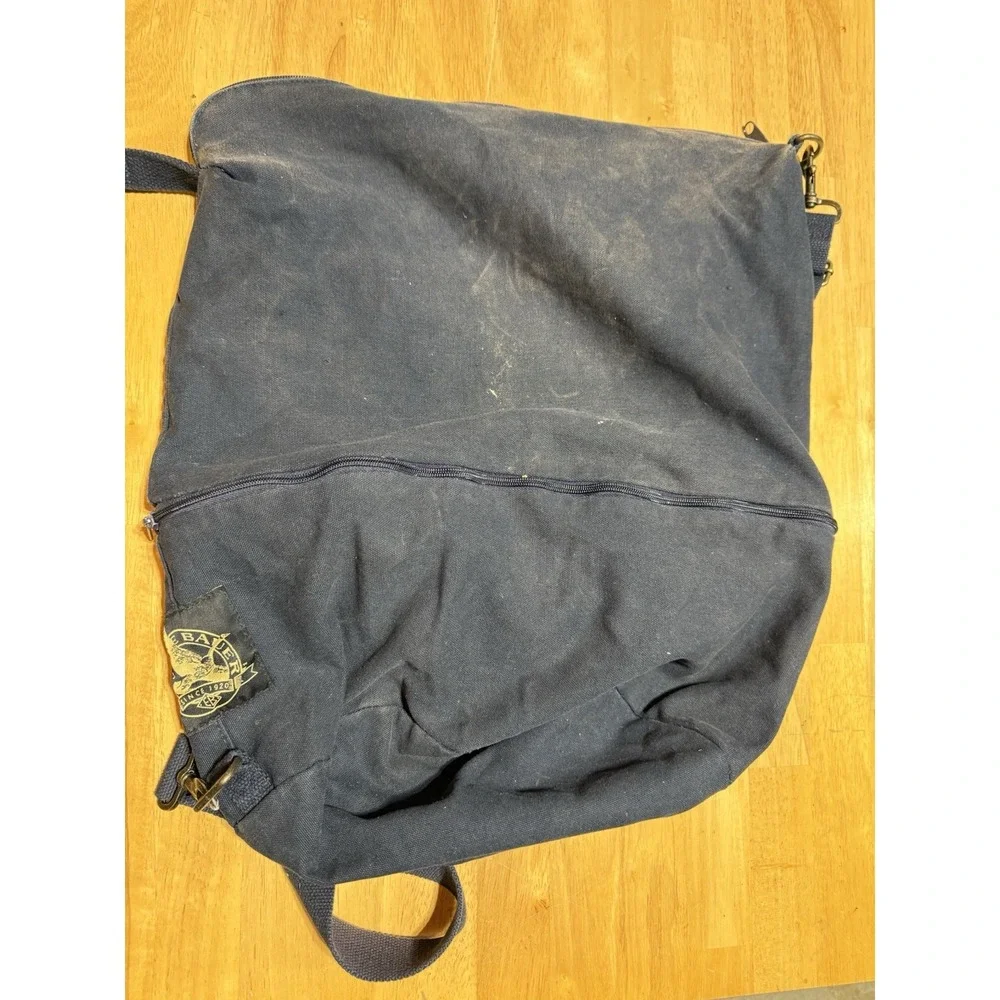 Vintage Eddie Bauer Expandable Laundry Bag Canvas Navy Tan Shoulder Strap 28x18